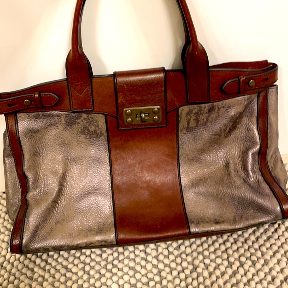 Fossil Cherry/Bordeaux Leather and Grey Suede Key Print Large Bag/Tote